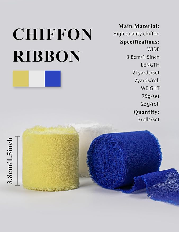 Chiffon Ribbon, Blue Yellow White Silk Ribbon, 1-1/2''x21Yd Handmade Frayed Fringe Ribbon for Wrapping, Floral Vase Decor, Graduation, Birthday, New Year Party Decoration, Shower, 3 Rolls