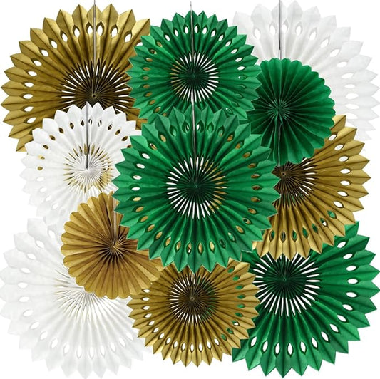 BEISHIDA Green Gold White Tissue Hanging Honeycomb Round Paper Fans Decoration Set for Birthday Graduation Baby Shower Bachelorette Wedding Backdrops St. Patrick’s Day Party Supplies(11 Packs)