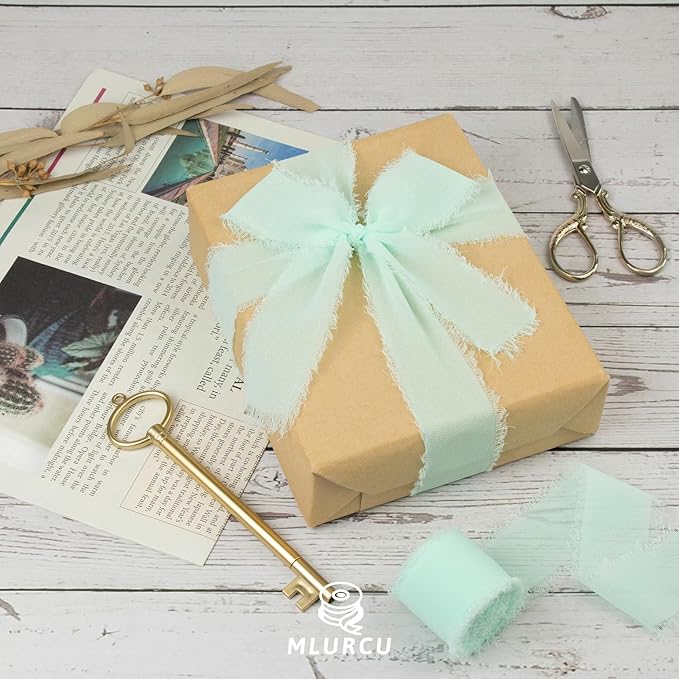 Aqua Chiffon Ribbon - 1-1/2 Inch x 21 Yards, Frayed Silk for Gift Wrapping, Wedding Invitation, Bridal Flower Bouquets