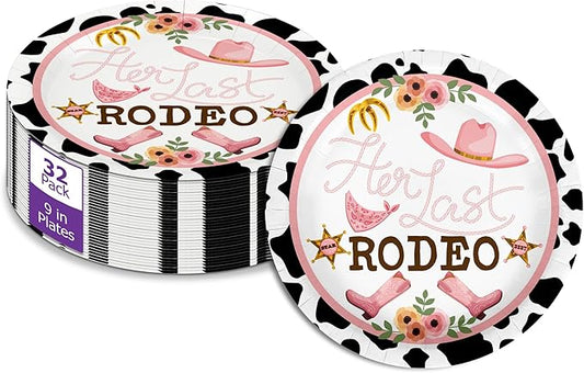 Birthday Galore Her Last Rodeo Cowgirl Party Supplies - 32 Piece Bachelorette Disposable Tableware - Cowgirl Bridal Shower Plates - Large 9" Paper Plates for Her Graduation