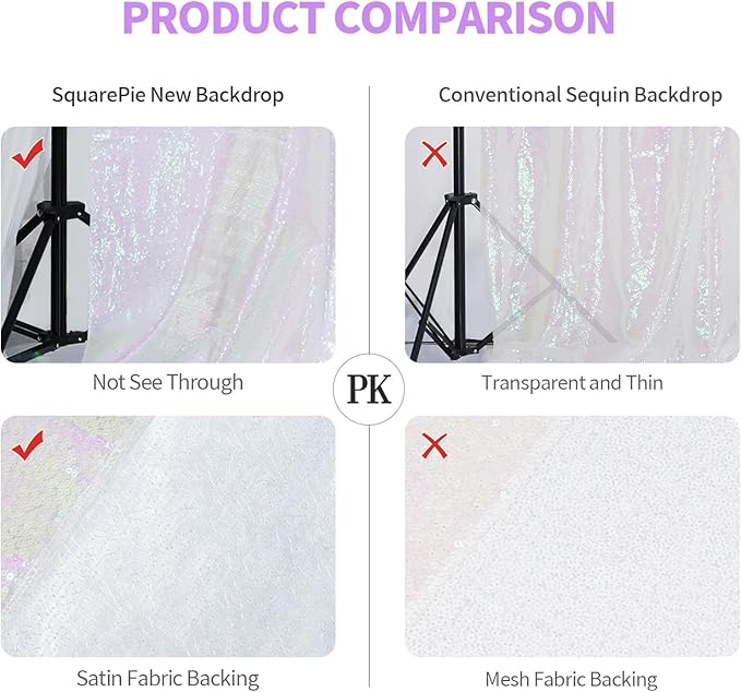 SquarePie 8x8ft Iridescent Sequin Backdrop for Photography, Satin-Backed Real Sequin Curtain, Enhanced Coverage Shimmering Background with 4" Rod Pocket for Wedding, Birthday, Party Decor, 1 Panel