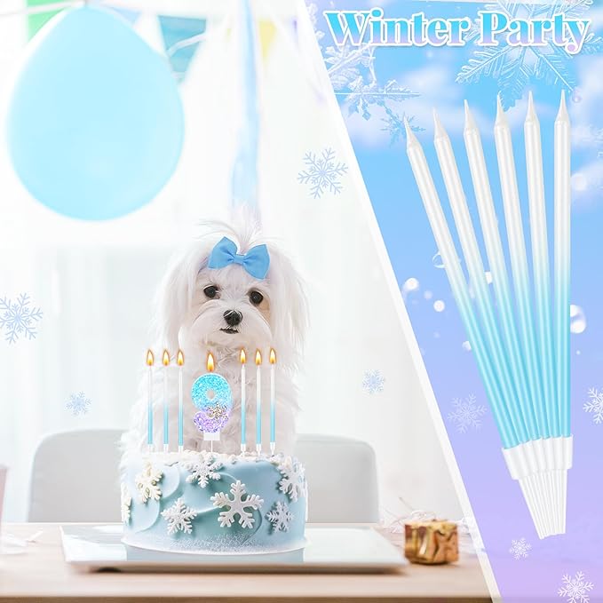 MTLEE Number 9 Birthday Candle Blue Snowflake with 6 Long Thin Cupcake Candles Blue Sparklers Glitter Number Happy Birthday Cake Topper Decorations for Winter Party Supplies