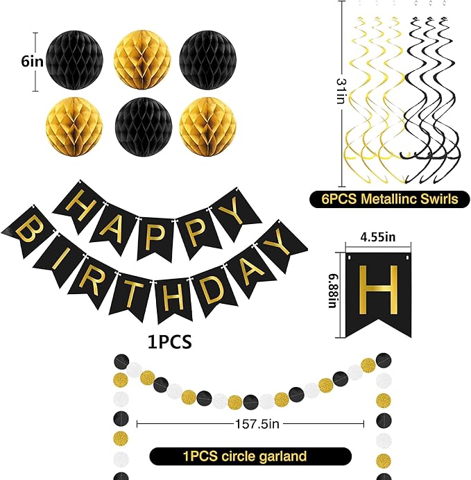 Black Birthday Decorations, Happy Birthday Banner Black Gold Birthday, Black Birthday Supplies Birthday for Men Boys