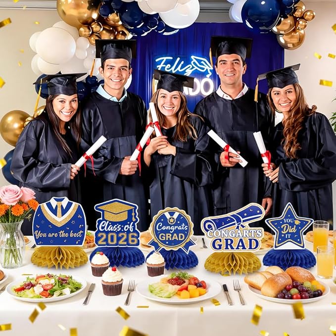 Graduation Decorations Class of 2026 Honeycomb Centerpieces, 9PCS Graduation Centerpieces for Tables, Congrats Grad Table Toppers Decor for 2026 Kid Men Women Graduations Party Decorations (Blue Gold)