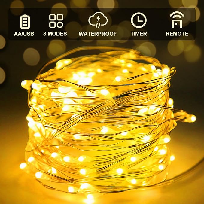 Aogist 2-Pack 50LED Fairy Lights 16ft Dual Power(USB/Battery) with Remote & Timer,8 Modes Flexible Copper Wire Waterproof String Lights for Outdoor Christmas Wedding Bedroom Party Decor,Warm White