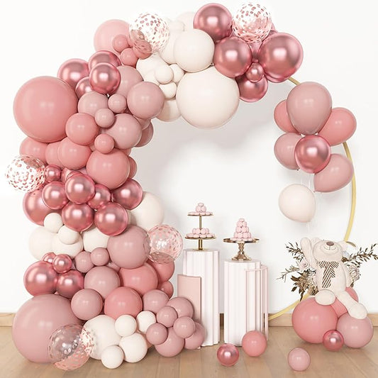 Amandir 153pcs Dusty Pink Balloon Garland Arch Kit, Different Sizes 18 12 10 5 inch Pink White Sand Metallic Confetti Pink Balloons for Mothers Day Bridal Shower Birthday Boho Party Decorations