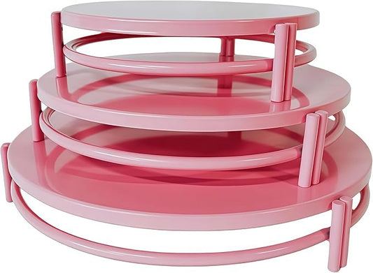 3 Pcs Round Nesting Metal Cake Stands Set 8/10/12 inch Metal Cupcake Display Stands Dessert Trays, Table Decoration Cookie Serving Plates, Suitable for Weddings, Birthdays, Parties, 3 Sizes. (Pink)
