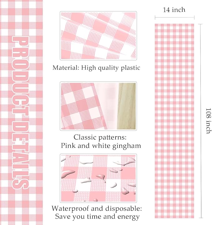 6 Pcs Light Pink and White Checkered Table Runner Plastic 14 x 108 Disposable Baby Pink Gingham Table Runner for Birthday Wedding Baby Shower Party Table Centerpiece Decorations