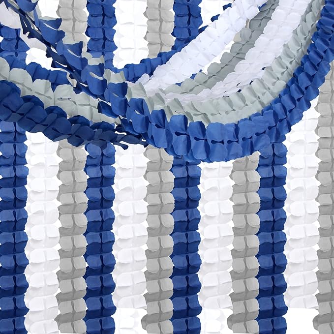 Navy-Blue White-Silver Party-Decorations Streamers Garland - 12pcs Royal Graduation 2025 4-Leaf Clover Paper Streamer Men Boy Birthday Wedding Bridal Shower Flower Banners Fathers Day Decor Ouruola