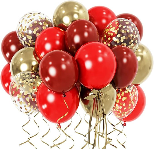 Red & Gold Balloons Set with Gold Confetti - Metallic Balloons for Wedding, Bridal Shower, Baby Shower