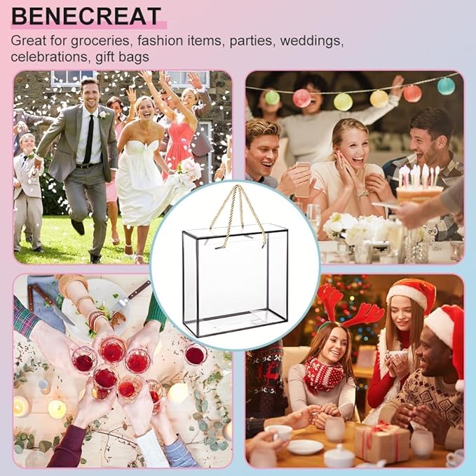 BENECREAT 10 Packs Clear PET Plastic Gift Box, 7.8x7.8x3.5 Inch Treat Gift Boxes with Black Border and Handle, Favor Box with Cord for Mother's Day, Birthday Party, Wedding Favours