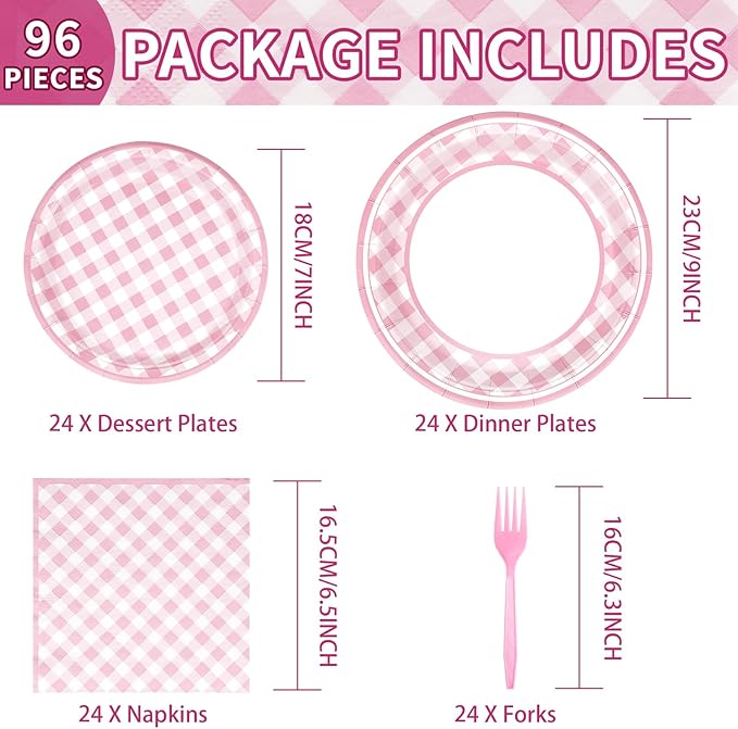 96 Pcs Pink Gingham Party Supplies 350 GSM Disposable Pink and White Buffalo Checked Paper Plates and Napkins Tableware Set for BBQ Picnic Baby Shower Birthday Party Decorations Serves 24