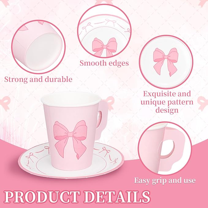 Whaline 80 Pcs Tea Party Supplies 9oz Pink Bow Paper Tea Cups and Saucers Coquette Bowknot Disposable Teacups with Handle and Dessert Plates for Wedding Birthday Baby Shower Bachelorette Tea Party