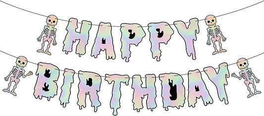 KatchOn, Iridescent Silver Halloween Happy Birthday Banner Decorations - 10 Feet, No DIY | Spooky Birthday Decorations | Halloween Decorations Indoor | Spooky Happy Birthday Banner
