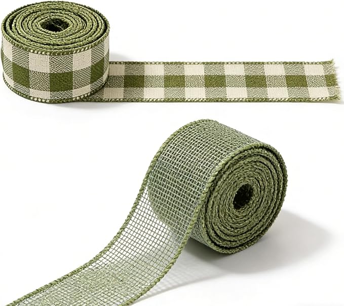 Meseey 1.5 Inch Green Burlap Wired Ribbon Set, 2 Rolls Total 10 Yards Solid Sage Green & Green White Buffalo Check Wired Edge Ribbons for Gift Wrapping, Wreaths, Crafts, Farmhouse Home Decorations