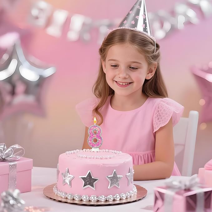 Number 8 Birthday Candle for Cake – Silver Glitter Edge with Pink Star Confetti – Decorative Number Cake Topper for Anniversary & Celebration Party Decor