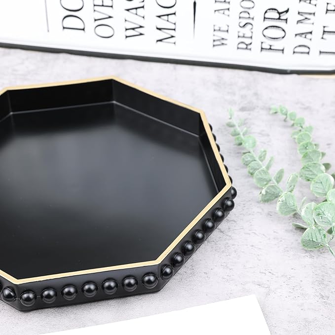 Black Serving Tray for Coffee Table, Octagonal Beaded Plastic Decorative Tray for Ottoman, Kitchen Counter, Living Room, Outdoor Lacquer Tray for Entertaining