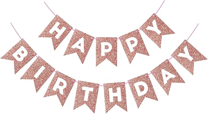 Hooqict Rose Gold Happy Birthday Banner Sign for Backdrop Rose Gold Birthday Decorations for Women Girls Wall Door Party Banner Garland Bunting Flag