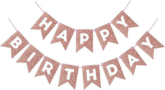 Hooqict Rose Gold Happy Birthday Banner Sign for Backdrop Rose Gold Birthday Decorations for Women Girls Wall Door Party Banner Garland Bunting Flag