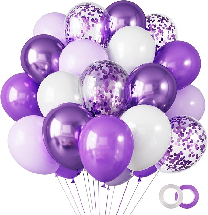 RUBFAC Purple Balloons, Lavender Purple Metallic and Confetti Party Balloons 65pcs 12 Inch for Mother's Day, Baby Shower, Girls Birthday, Wedding, Anniversary Party Decorations