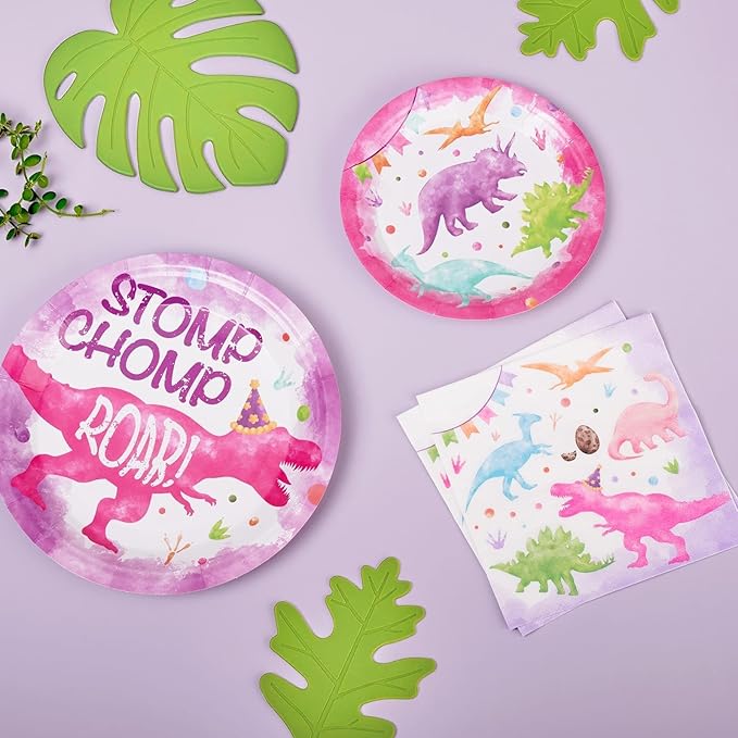WERNNSAI Girl Dinosaur Party Decorations - 64 PCS Dinosaur Plates Napkins and Forks Pink Dino Birthday Decorations Dino Party Plates for Kids Girls Birthday Baby Shower Favors Serves 16 Guests