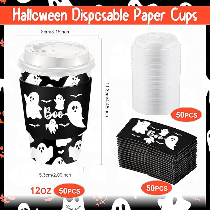 Pickmesh 50 Set 12oz Halloween Disposable Coffee Cups with Lids and Sleeves Straws, Ghost Boo Bat Paper Cups for Cold Hot Cocoa Drink Halloween Party Supplies