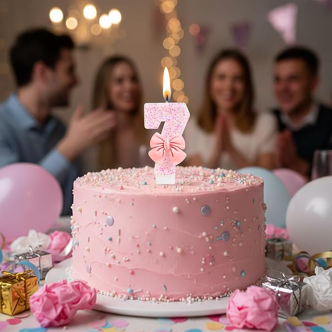Number 7 Birthday Candle, Pink Bow Birthday Candles, Glitter Candle Cake Topper, Happy Birthday Cake Decoration Gifts, Anniversary Party Supplies for Girl