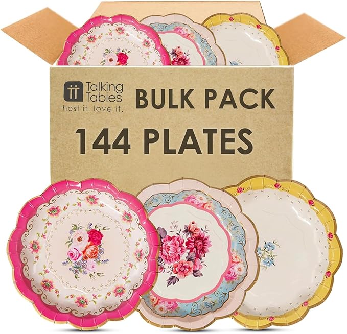 Talking Tables 144 x Vintage Floral Paper Plates Bulk Pack Pink Yellow, Truly Scrumptious Table Decorations, Disposable Tableware, Birthday, Mother's Day, Afternoon Tea Party, Baby Shower, 7’