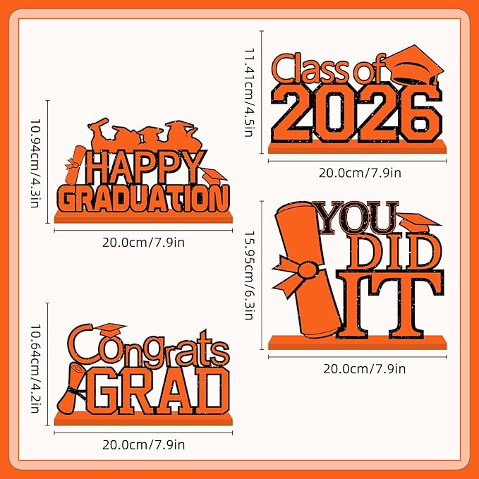 4Pcs Orange and Black Graduation Decorations Class of 2026 Congrats Grad Wooden Table Centerpieces Grad Table Decorations for Graduation Centerpieces