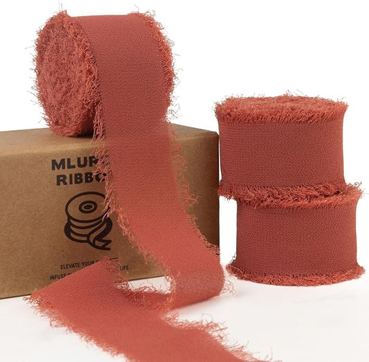 Rust Chiffon Ribbon - 1 Inch x 21 Yards, Handmade Fringe, Silk, Boho Frayed Ribbon for Gift Wrapping, Wedding Invitation, Bridal Flower Bouquets