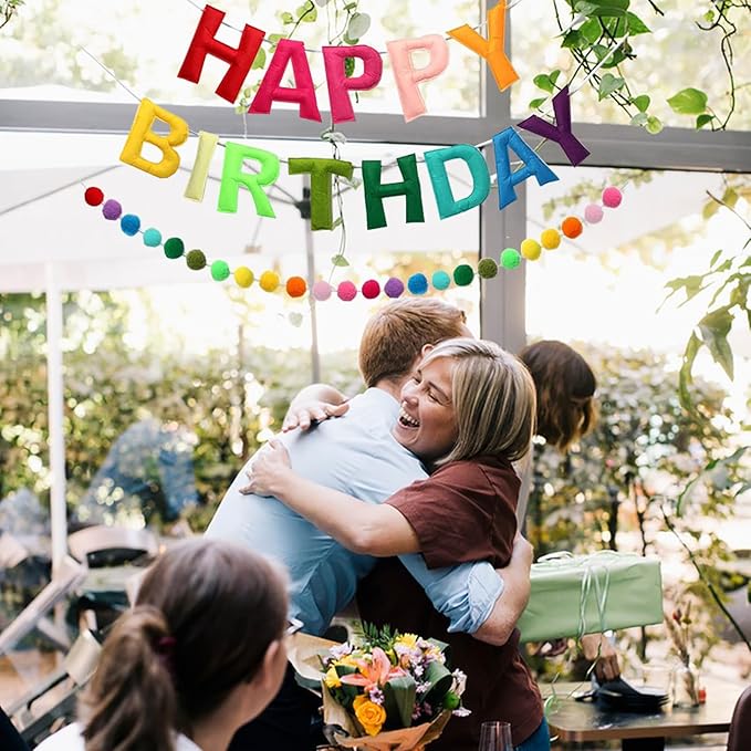 Happy Birthday Banner, Rainbow Color Felt Ball Garland Rainbow Decorations Personalized Sign for Birthday Decor Party Decor Photo Prop