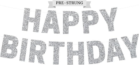 Pre-strung Happy Birthday Banner - No DIY - Silver Glitter Birthday Party Banner for Men & Women - Pre-strung Garland on 8 ft Strands - Silver Bday Party Decorations & Decor. Did We Mention No DIY