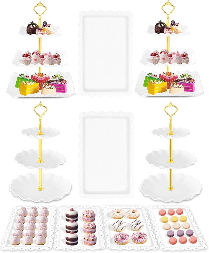 Hoedia 10 Pcs Cake Stand, Plastic Dessert Table Display Set, 4 Pcs 3 Tier Cupcake Stand Tower Holder and 6 Pcs Serving Tray for Tea Party Baby Shower Decorations