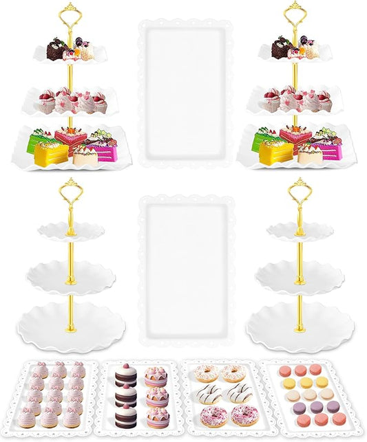 Hoedia 10 Pcs Cake Stand, Plastic Dessert Table Display Set, 4 Pcs 3 Tier Cupcake Stand Tower Holder and 6 Pcs Serving Tray for Tea Party Baby Shower Decorations