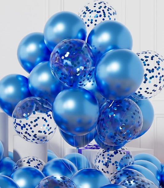 AULE Party Balloons Pack of 42 - Metallic Blue Balloons and Blue Confetti Balloons With 64ft Ribbons 12 Inch Chrome Latex Helium Balloon Decoration Set