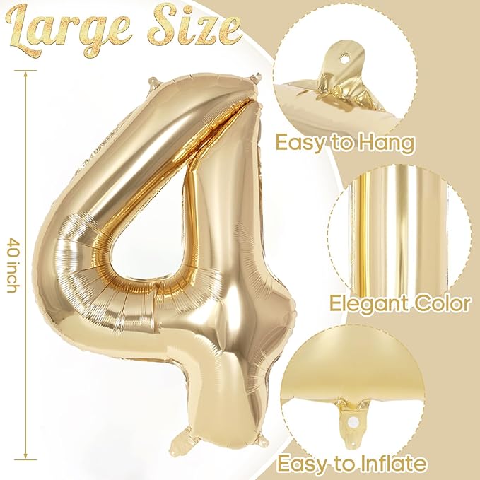 Champagne Gold Large Number 4 Balloon, 40 Inch Light Gold Foil Helium Number Balloons, Giant Mylar Number 4 Balloons for 4 Years Old Birthday Party Anniversary Decorations