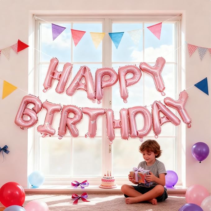 Pink Happy Birthday Balloon Banner Set -16 Inch Foil Letters Balloons, Reusable Birthday Decorations and Party Supplies, Suitable for Men and Women's Birthday Decorations，Party Backdrop