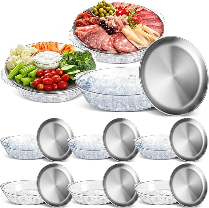 Baderke 9 Set 11.8" Chilled Serving Tray for Parties with Compartments Ice Chilled Party Platter Charcuterie Serving Board Cold Dish Dip for Fruit Seafood Vegetable Shrimp Cocktail (Natural)