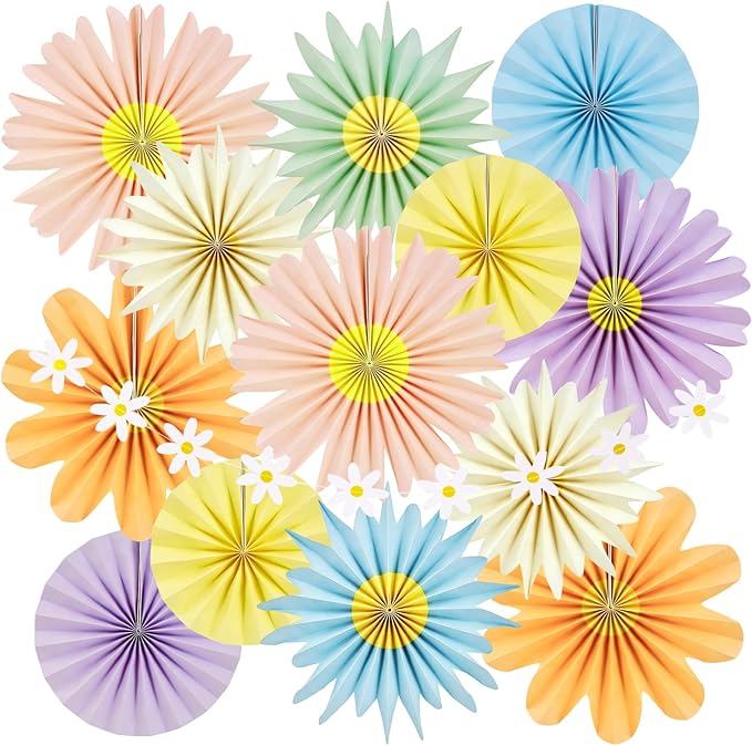 Paper Jazz 12pcs Pastel Paper Flower Decorations - Daisy Paper Fan Backdrop for Birthday Party, Baby Shower, Wedding, Spring & Summer Events,Spring Hanging Flower for Classroom Garden