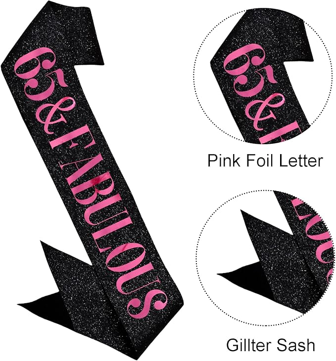 65 & Fabulous Sash, Funny 65th Birthday Sash for Women 65th Bday Party Photo Prop Favors Suppiles, Pink Foil Letter, Glitter Black