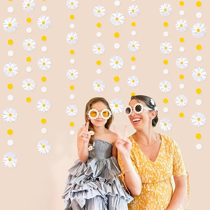 Daisy Party Decorations Yellow White Daisy Polka Dot Garland Double-Sided Daisy 3D Flower Streamer for Spring Summer Birthday Baby Shower Wedding Bridal Shower Retro Groovy Hippie Decorations Supplies