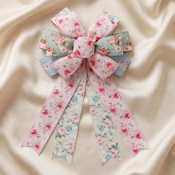 Spring Summer Watercolor Vintage Floral Wired Edge Ribbon, Pink Rose Summer Fabric Ribbon for Wreath, Bow Making, Gift Wrapping & DIY Crafts, 4 Rolls, 20 Yards (Blue-Pink)