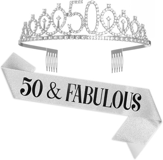 50th Birthday Sash and Tiara for Women, 50 & Fabulous Birthday Sash and Crown, Happy 50th Birthday Gifts for Queen Woman Party Favors Supplies and Decorations, Silver