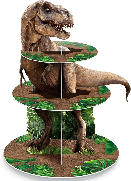 Censen 3 Tier Dinosaur Cupcake Stand Party Decorations Dinosaur Theme Cupcake Holder Decorations Dino Dessert Tower for Kids Dino Jungle Theme Party Birthday Supplies(Classic)