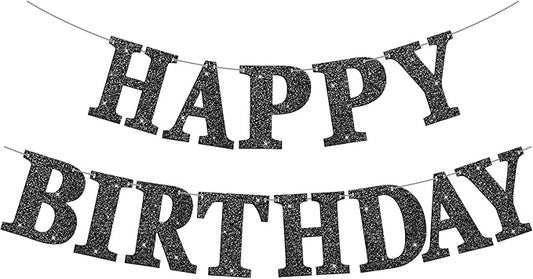 Glitter Happy Birthday Banner Sign Birthday Garland Wall Door Banners Flag for Women Men Boys Girls Party Backdrop Hanging Decorations Personalized Name Banners, Large Letters Black