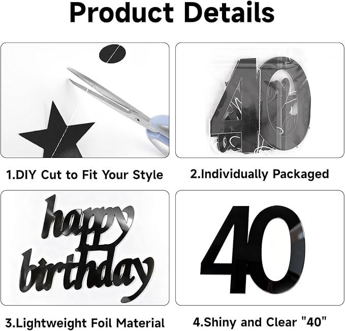 GCQQ Black 40th Birthday Decorations - 14M/46FT Mirror Star Garlands with Happy Birthday Number 40 Hanging Paper Streamer Banner 4 Packs Women Mens Dirty 40 Year Old Backdrop for Him & She