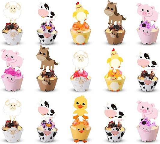 Blulu 60 Pieces Farm Animal Cupcake Toppers and Wrappers for Farm Theme Party Cupcake Wrappers Toppers Animal Birthday Barnyard Party Decoration Baby Shower Supplies