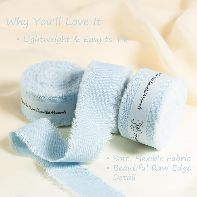 Baby Blue Cotton Ribbon 1 Inch Baby Blue 3 Rolls 21 Yards Frayed Edge Fabric Set for Baby Shower, Wedding Invitations, Nursery Decor, Christening & First Birthday Party