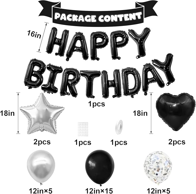 Black and Silver Birthday Decorations,Black and Silver Balloons Happy Birthdays Banner Balloon Heart and Star Foil Balloons for Men Boy Birthday Baby Shower Party Decorations