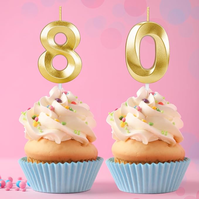 80th Birthday Candles for Cake,Gold Number Candles for Happy Birthday Cake Toppers,Birthday Decorations for Women Men Party Anniversary Wedding